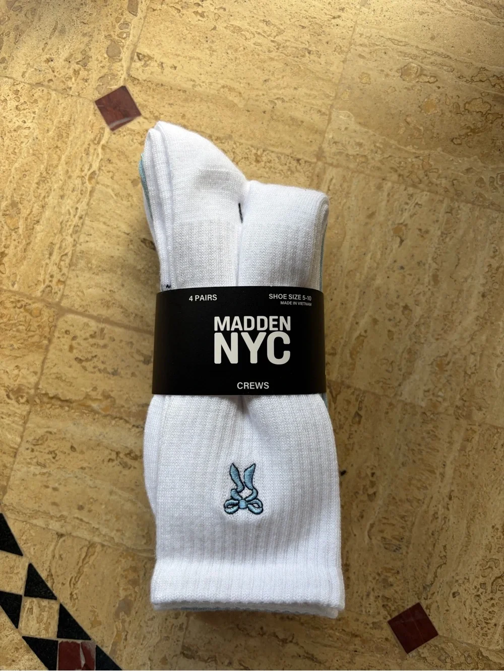 Madden Girl White Crew Socks with Light Blue Bunny Embroidery